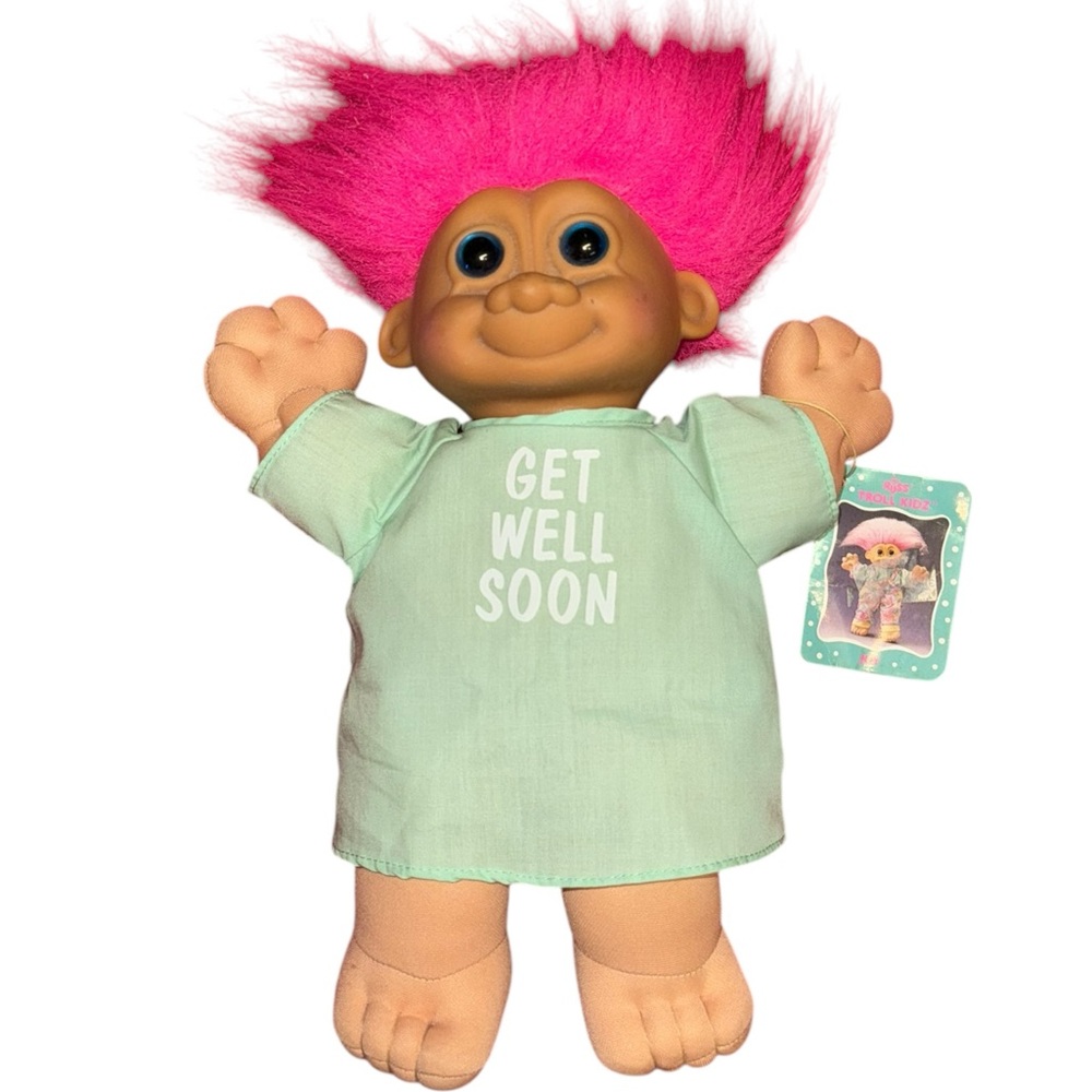 Vintage Pink-Haired Troll Doll with Green Get Well Soon Outfit NWT